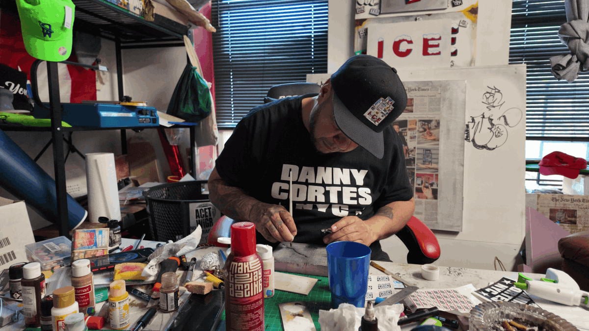 ARTIST DANNY CORTES IN HIS STUDIO BEFORE THE LOS COLORES URBAN ART SHOW IN LIEGE BELGIUM AT THE BURONZU GALLERY