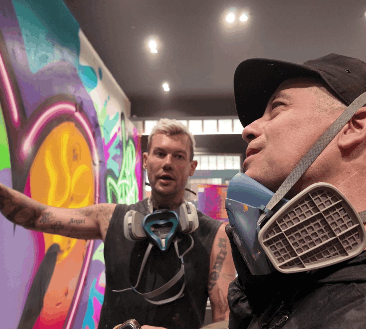 WORK IN PROGRESS STREET ART MURAL BY JASON NAYLOR AND ADAM FUJITA FOR LOS COLORES GROUP URBAN ART SHOW LIEGE BELGIUM AT THE BURONZU GALLERY